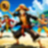 A vibrant scene depicting the Straw Hat Pirates in action