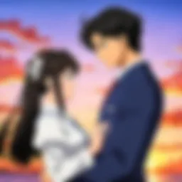 A romantic scene from a popular anime showcasing tender emotions between characters