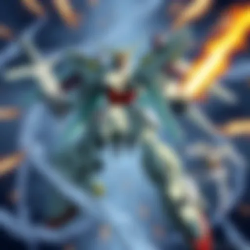 A striking depiction of iconic Gundam mechas in an epic battle