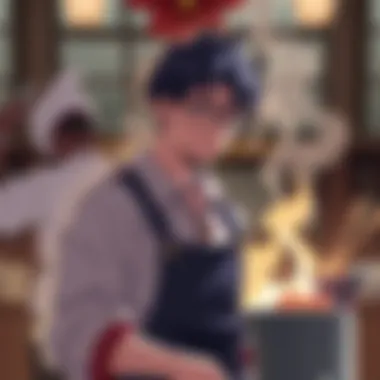 An artistic representation of key themes such as creativity and ambition within the culinary world depicted in the anime