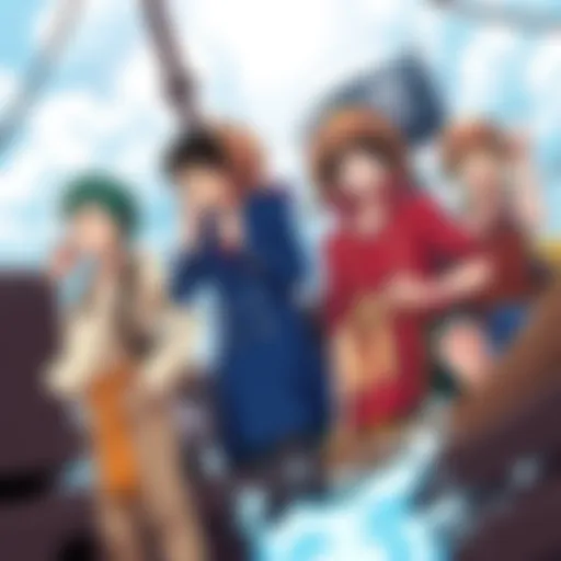 The Straw Hat Pirates on their adventurous journey A captivating view of the Straw Hat Pirates sailing the Grand Line