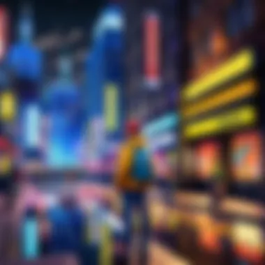 Urban Nightlife: The Pokémon Experience in Cityscapes A bustling urban street filled with vibrant lights and Pokémon enthusiasts interacting with their devices.