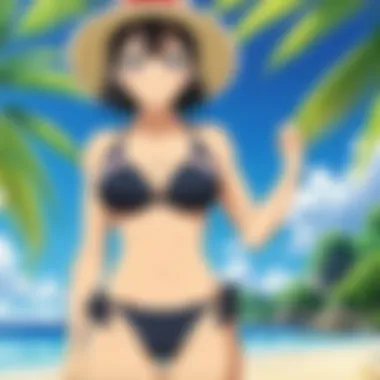 An anime character in a bikini surrounded by cultural symbols