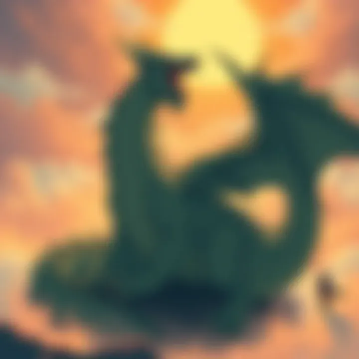 A captivating scene from a monster anime showcasing a fierce dragon in a mystical landscape