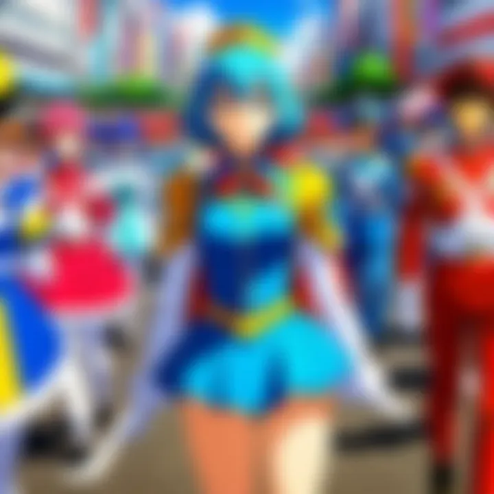 A vibrant parade scene from a popular anime series, showcasing colorful floats and characters.