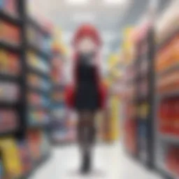 A vibrant display of anime merchandise in a retail store